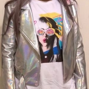 Iridescent faux leather jacket.